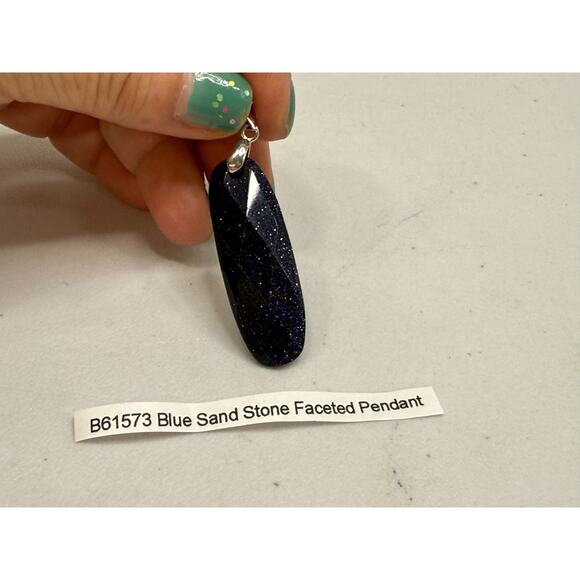 Sandstone Faceted Pendant 925 Sterling Silver Bale Oval Navy Blue Sparkling 6.8g - Picture 8 of 11